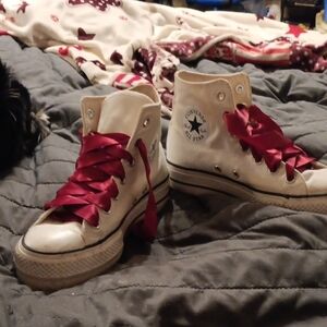 Converse All Star High Tops - Cream Canvas with Burgundy Ribbon Laces